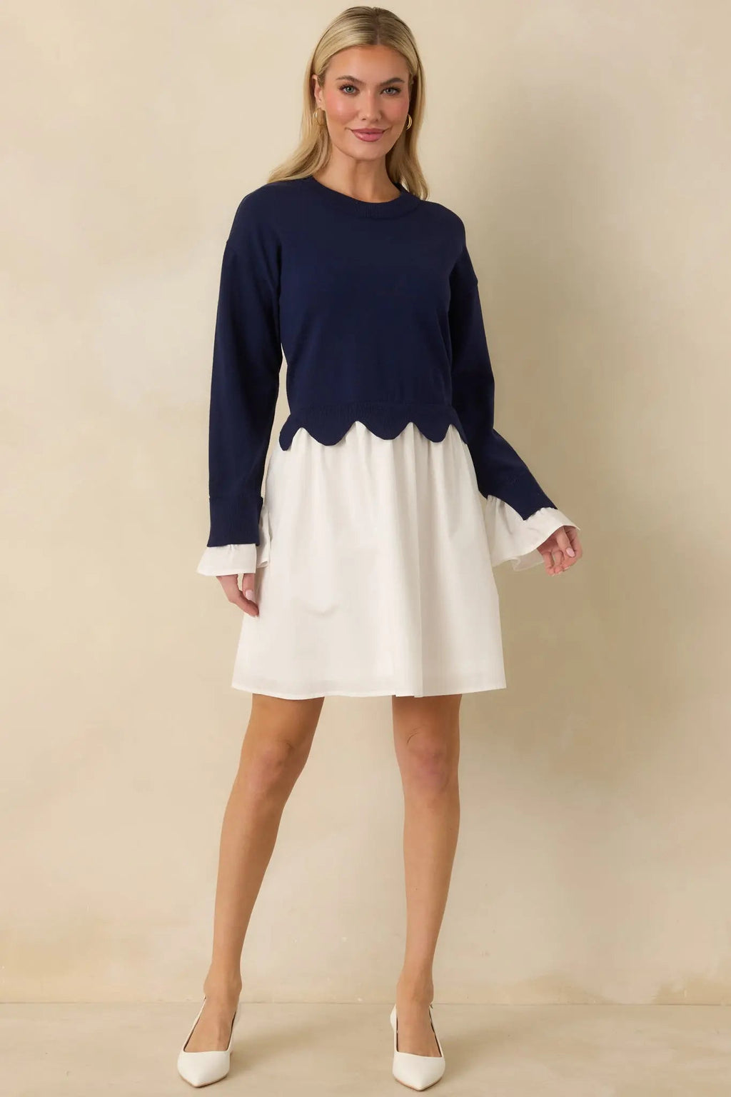 Women's Made to Charm Navy Scalloped Sweater Mini Dress | 50% Viscose 0