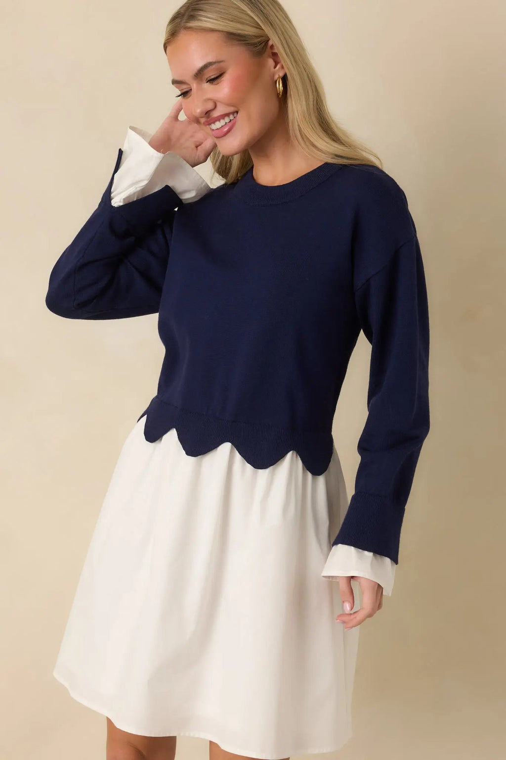 Women's Made to Charm Navy Scalloped Sweater Mini Dress | 50% Viscose 1