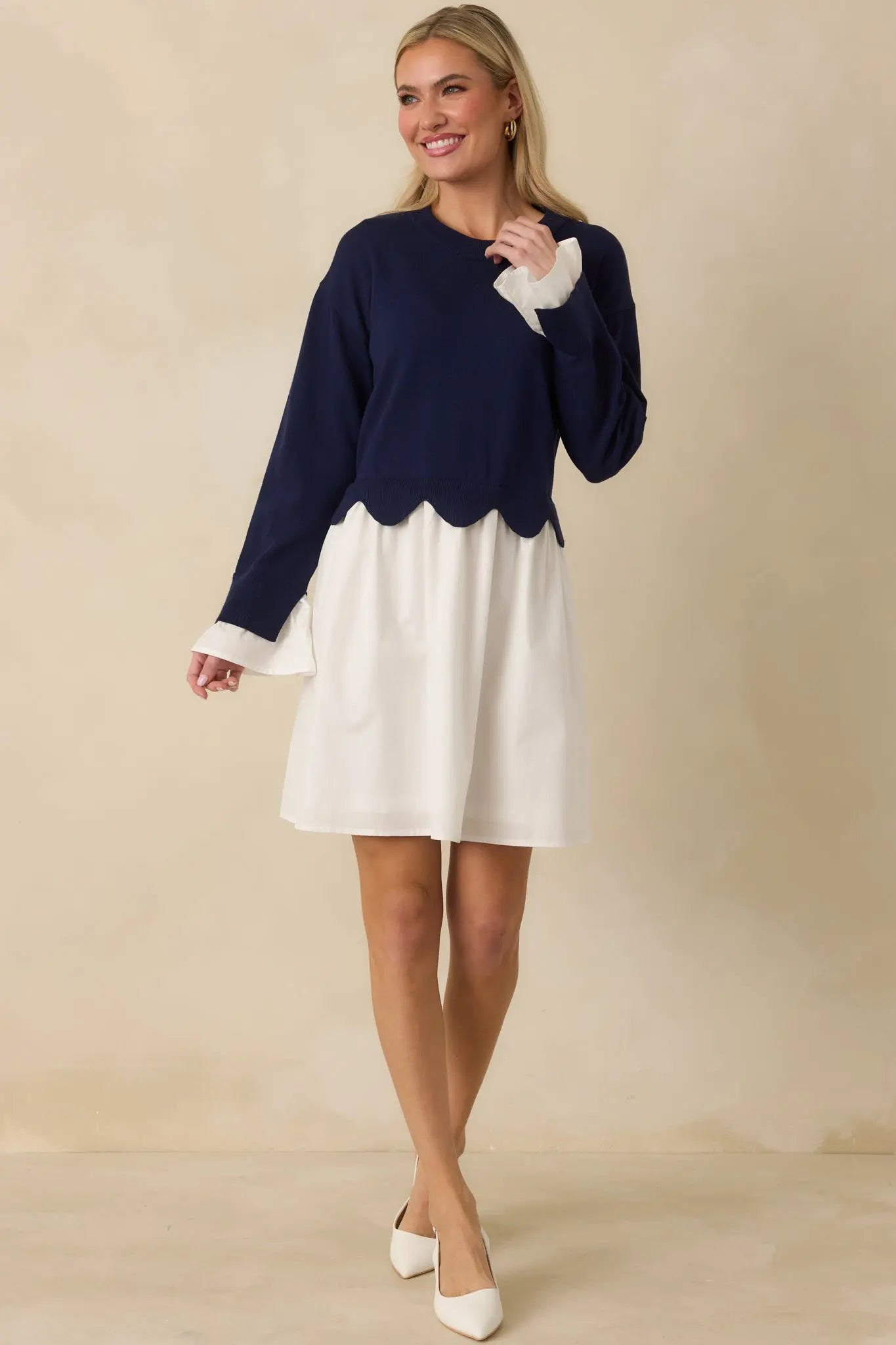 Women's Made to Charm Navy Scalloped Sweater Mini Dress | 50% Viscose 3