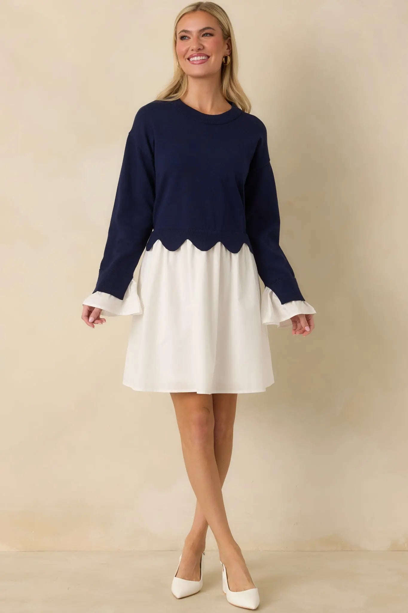 Women's Made to Charm Navy Scalloped Sweater Mini Dress | 50% Viscose 4