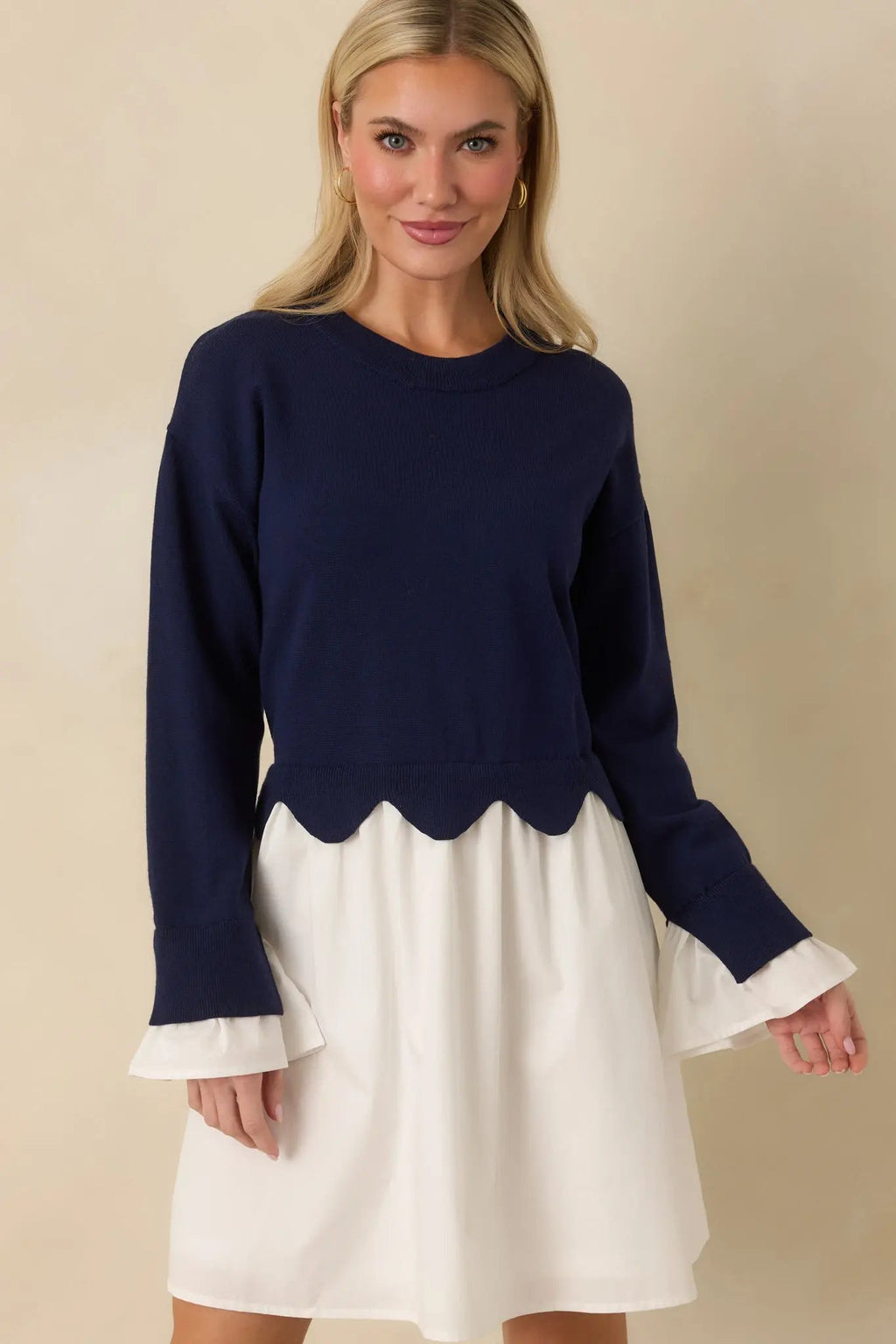 Women's Made to Charm Navy Scalloped Sweater Mini Dress | 50% Viscose 6