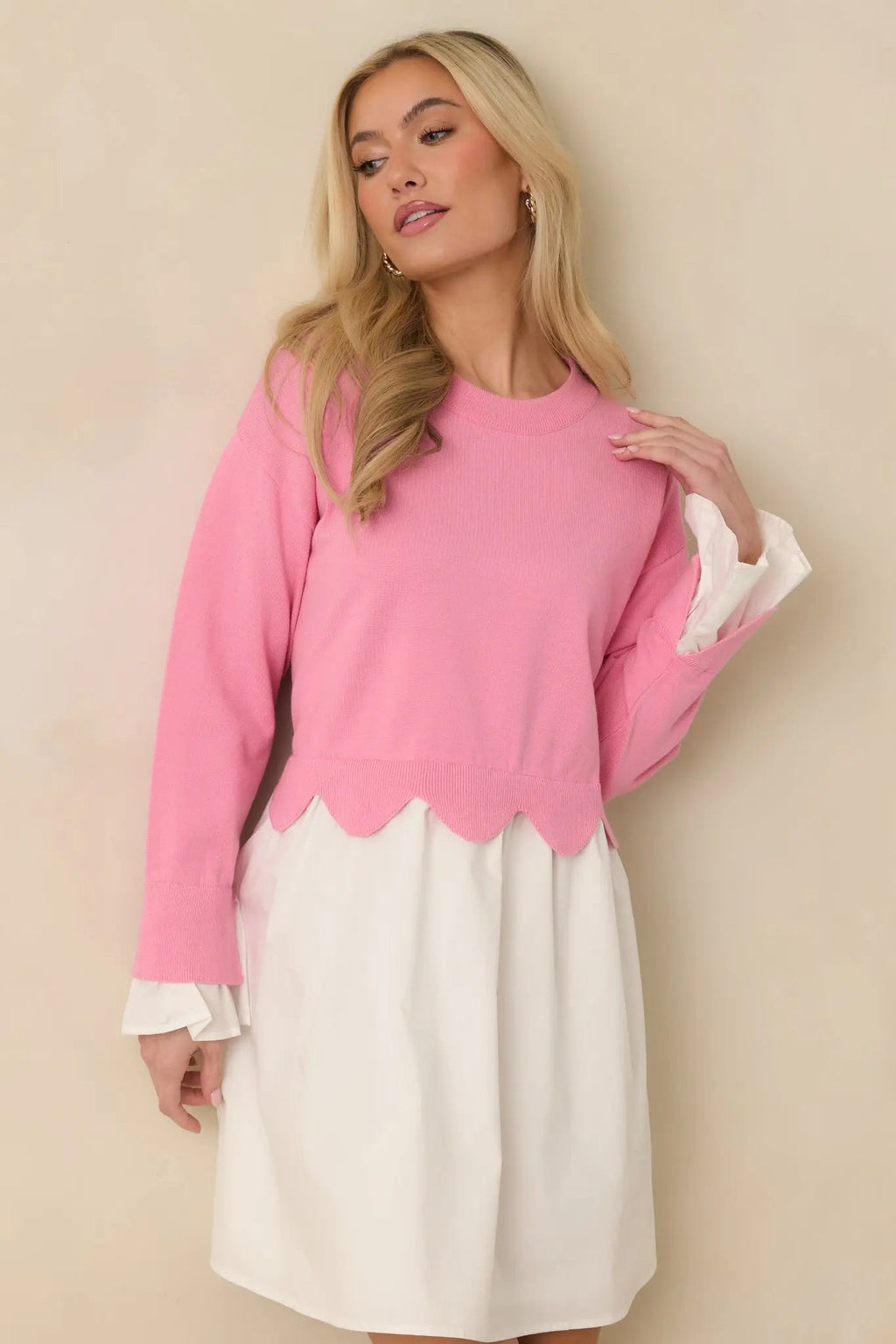 Women's Made to Charm Pink Scalloped Sweater Mini Dress | 50% Viscose 1