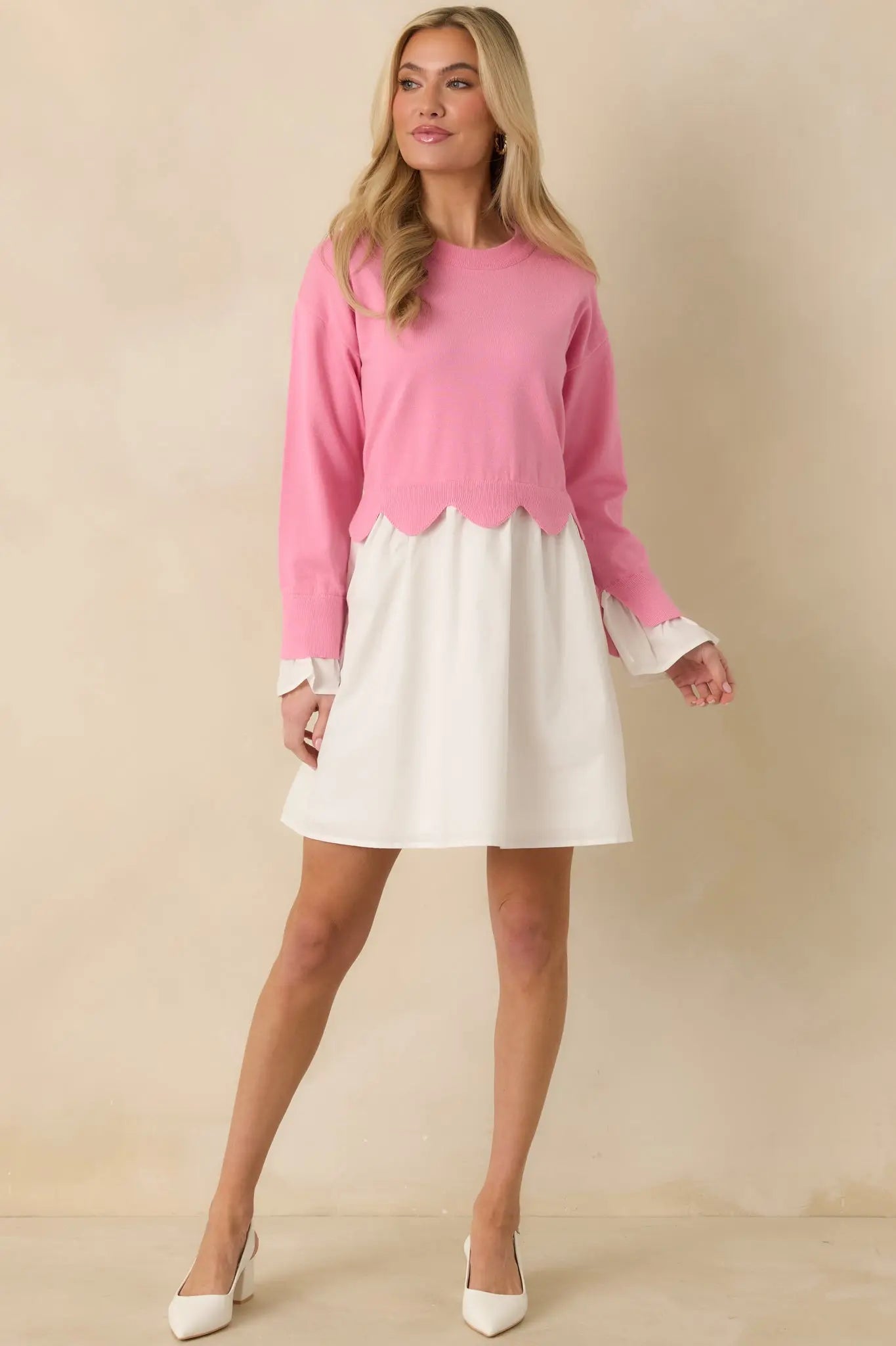 Women's Made to Charm Pink Scalloped Sweater Mini Dress | 50% Viscose 4