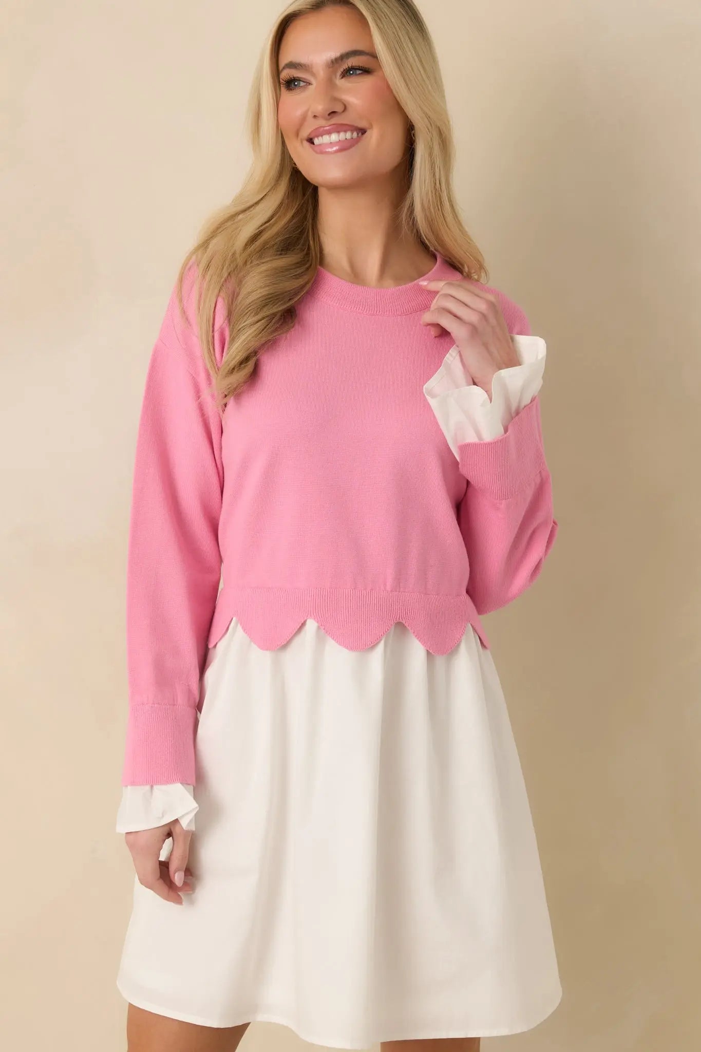 Women's Made to Charm Pink Scalloped Sweater Mini Dress | 50% Viscose 5