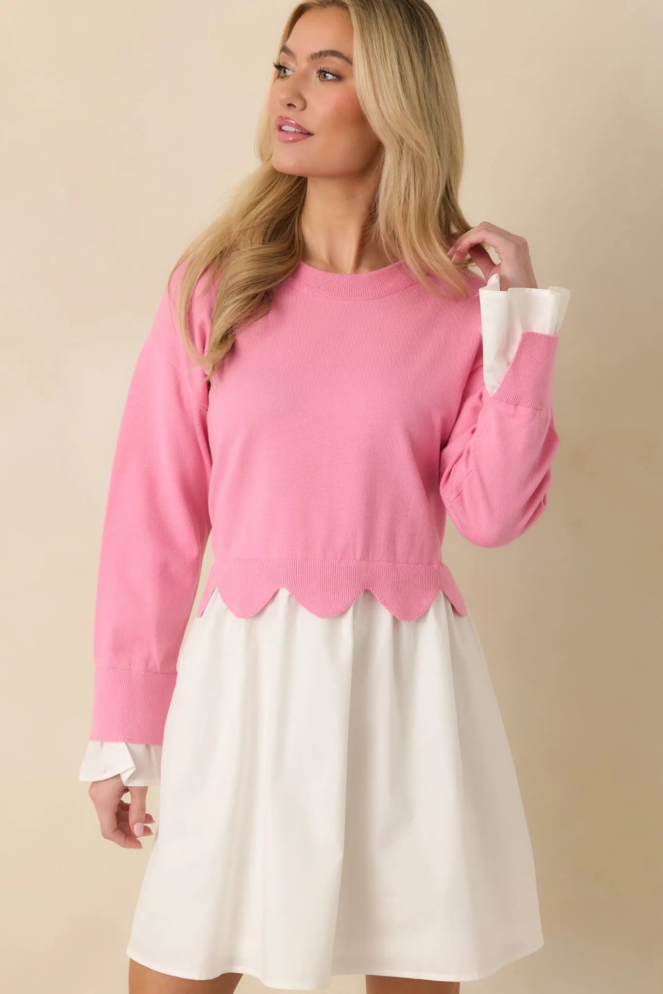 Women's Made to Charm Pink Scalloped Sweater Mini Dress | 50% Viscose 6