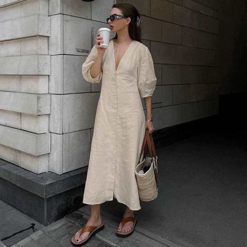 Mae Collection | Women's Dress with Puff Sleeves & V-Neckline | Chic Summer Style for Comfort