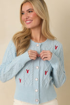 Women's Main Lobster Energy Light Blue Embroidered Cardigan Sweater | 42% Acrylic 1