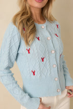 Women's Main Lobster Energy Light Blue Embroidered Cardigan Sweater | 42% Acrylic 2