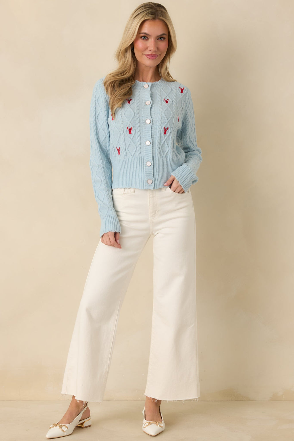 Women's Main Lobster Energy Light Blue Embroidered Cardigan Sweater | 42% Acrylic 3
