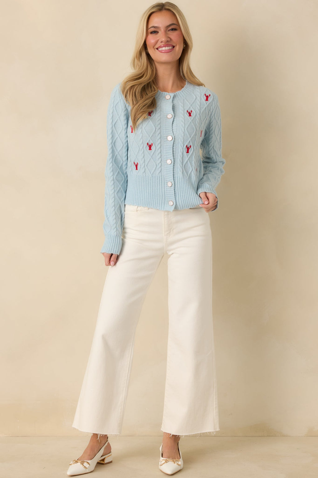 Women's Main Lobster Energy Light Blue Embroidered Cardigan Sweater | 42% Acrylic 4