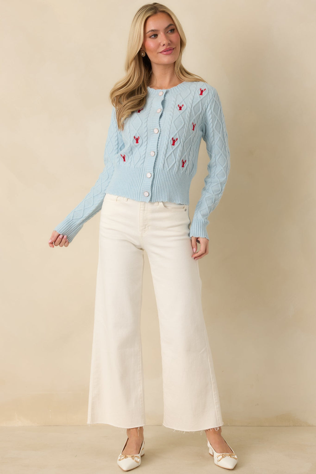 Women's Main Lobster Energy Light Blue Embroidered Cardigan Sweater | 42% Acrylic 5