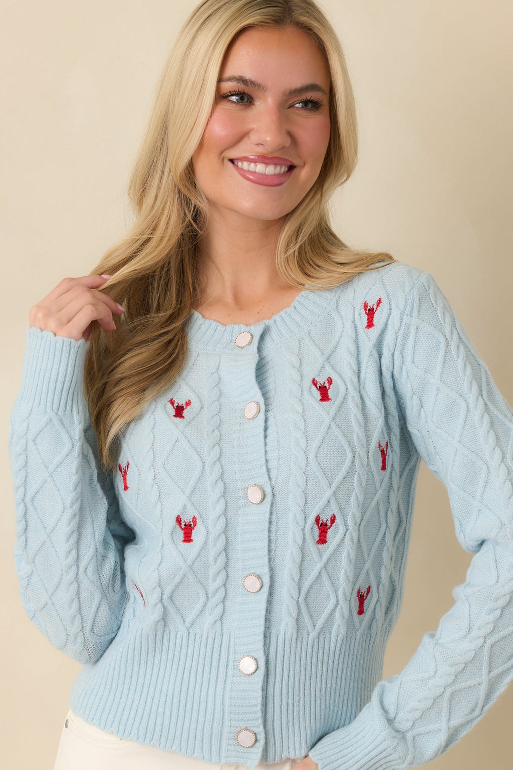 Women's Main Lobster Energy Light Blue Embroidered Cardigan Sweater | 42% Acrylic 6