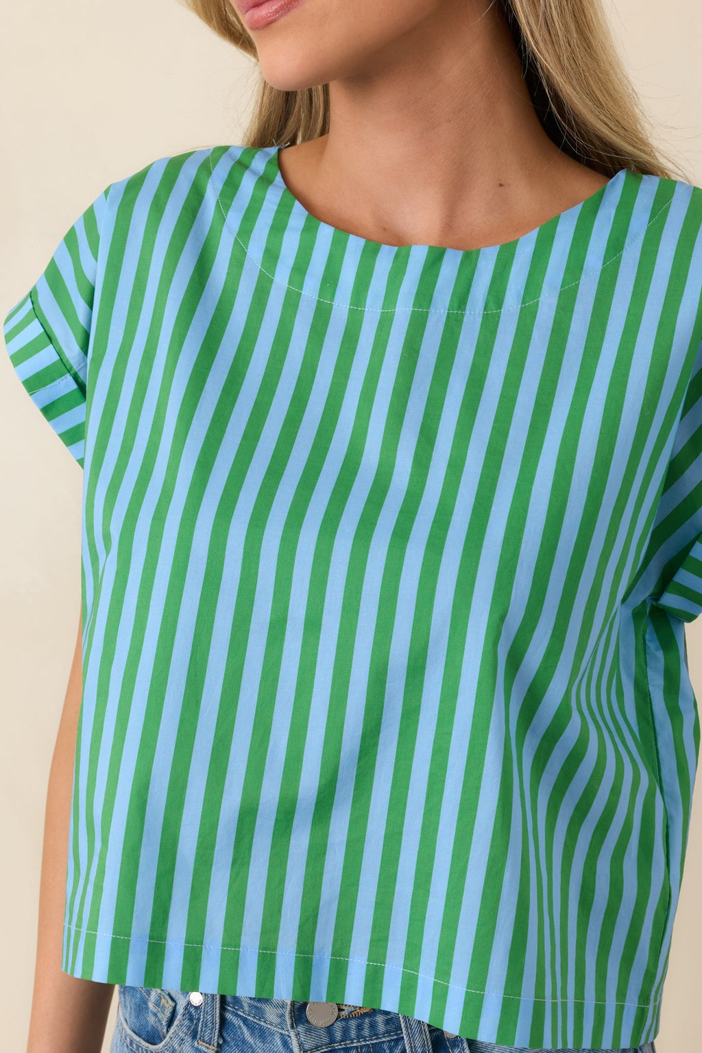 Women's Making Moves Blue & Green Stripe Boxy Cotton Top | 100% Cotton 1