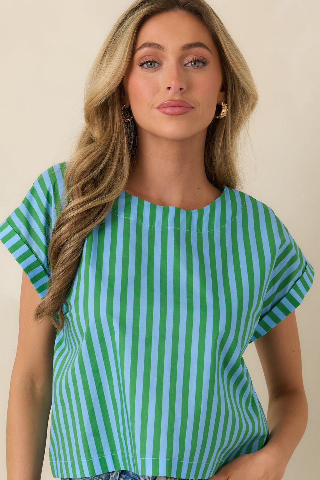 Women's Making Moves Blue & Green Stripe Boxy Cotton Top | 100% Cotton 4