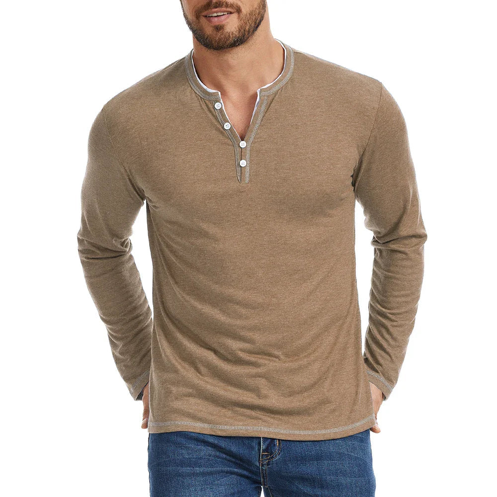 Long Sleeve Cotton Shirt with V-Neck Design