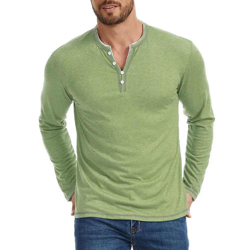 Long Sleeve Cotton Shirt with V-Neck Design