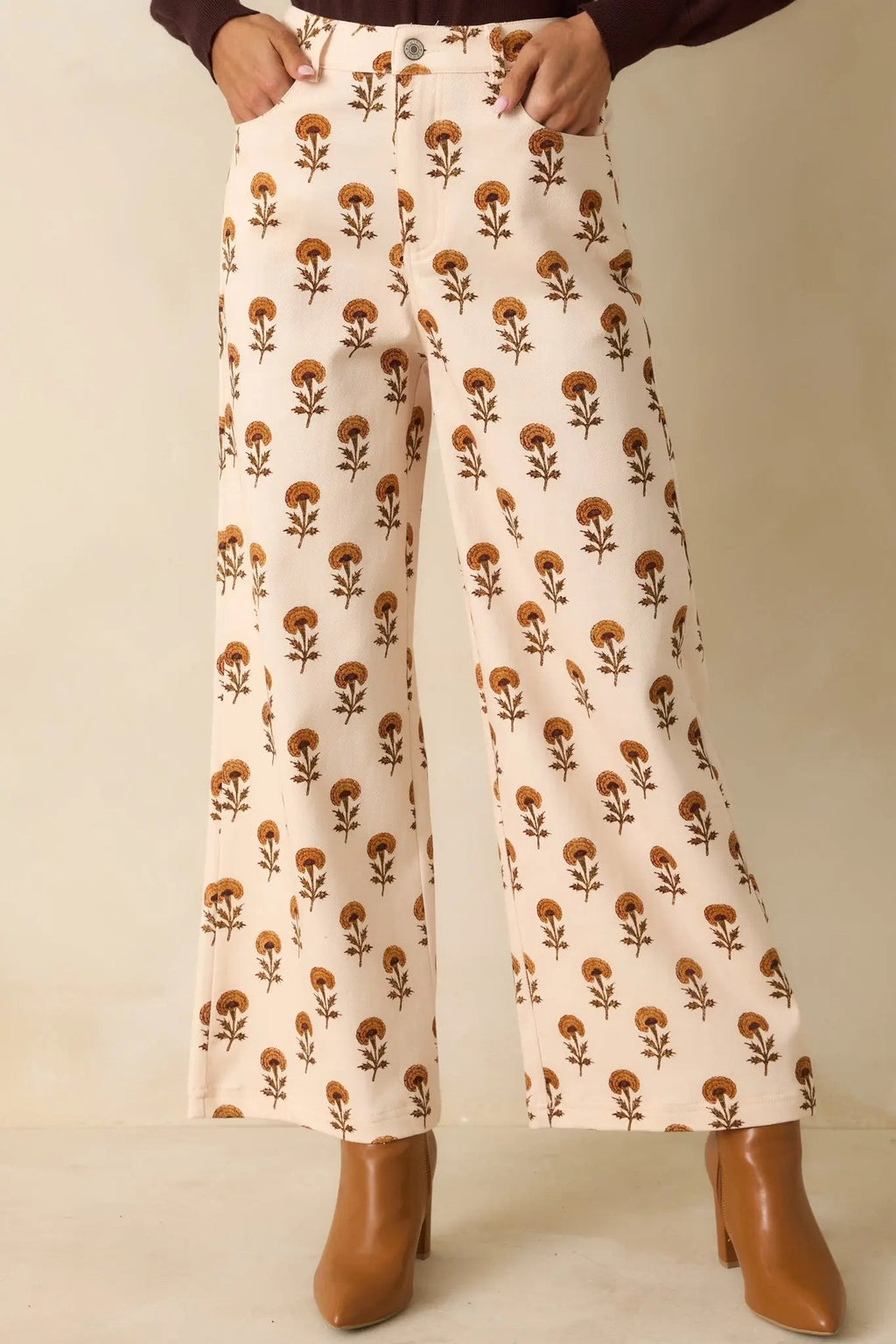 Women's Marigold Muse Ivory Multi Floral Print Cotton Wide Leg Pants | 97% Cotton & 3% Spandex 0