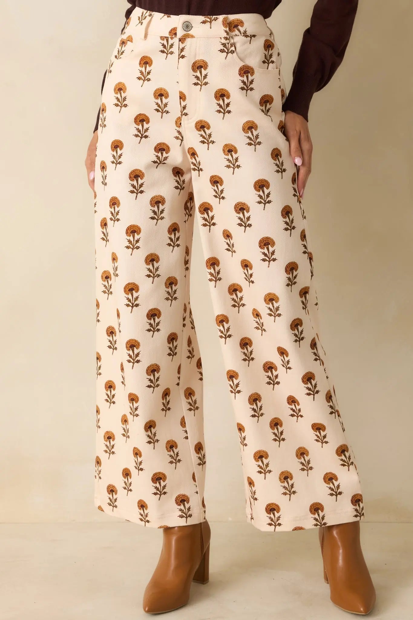 Women's Marigold Muse Ivory Multi Floral Print Cotton Wide Leg Pants | 97% Cotton & 3% Spandex 3