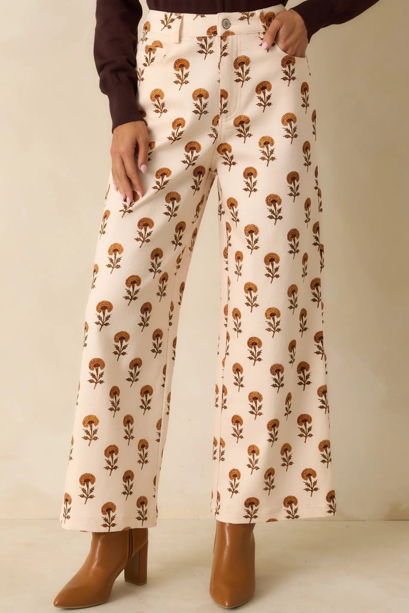 Women's Marigold Muse Ivory Multi Floral Print Cotton Wide Leg Pants | 97% Cotton & 3% Spandex 4
