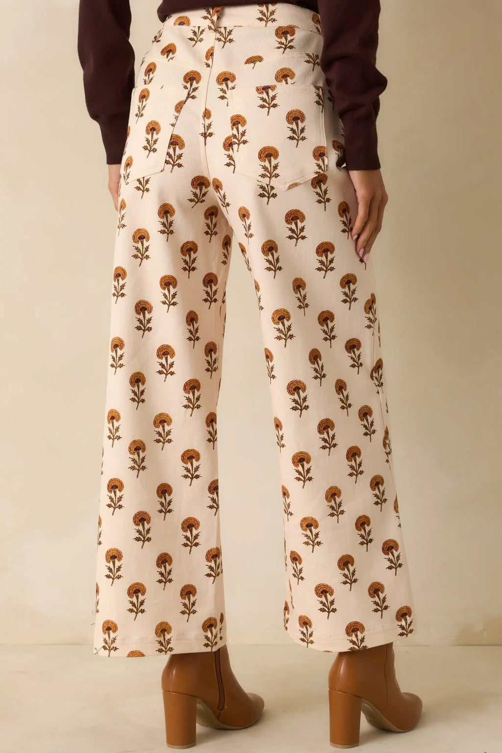 Women's Marigold Muse Ivory Multi Floral Print Cotton Wide Leg Pants | 97% Cotton & 3% Spandex 5