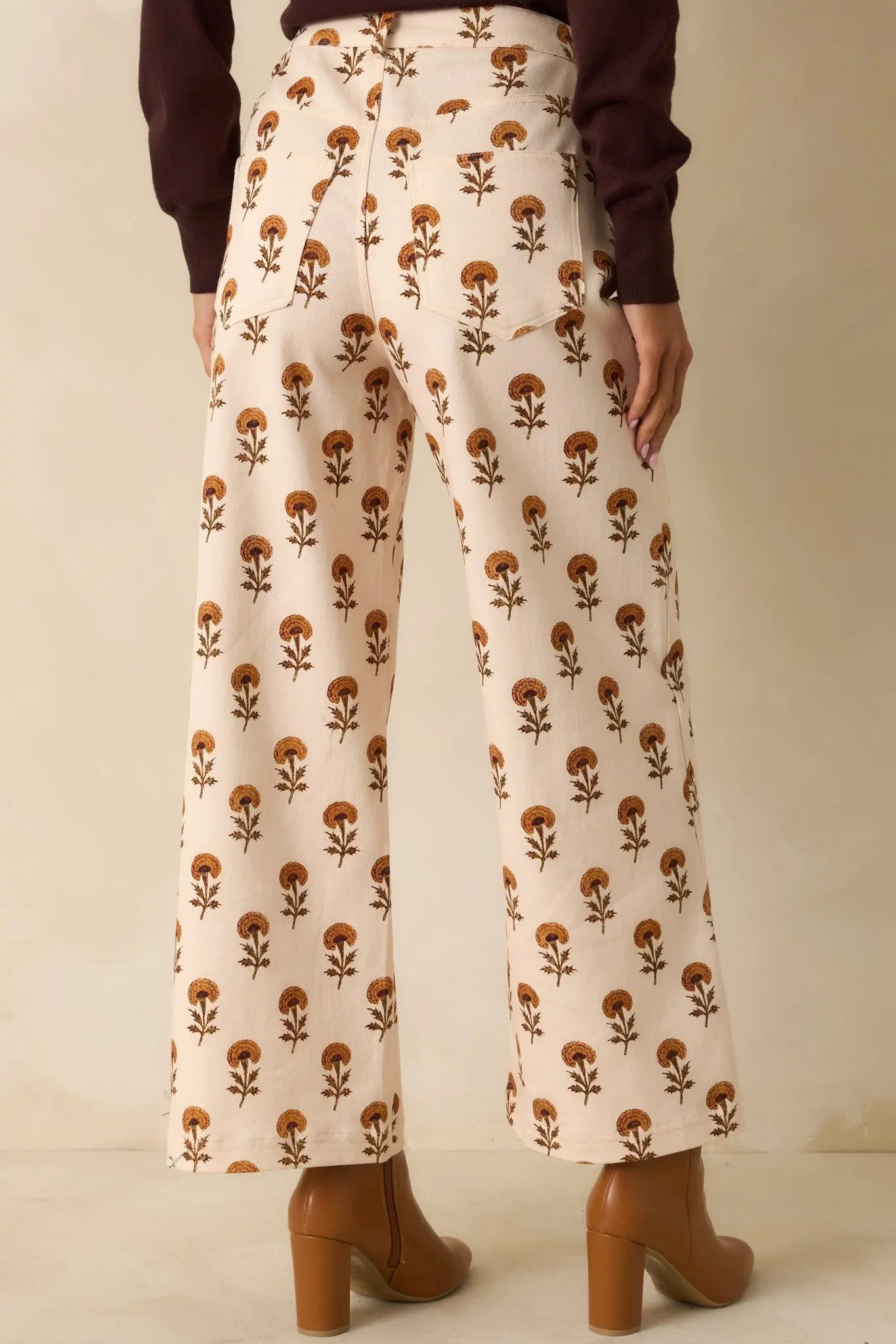 Women's Marigold Muse Ivory Multi Floral Print Cotton Wide Leg Pants | 97% Cotton & 3% Spandex 5