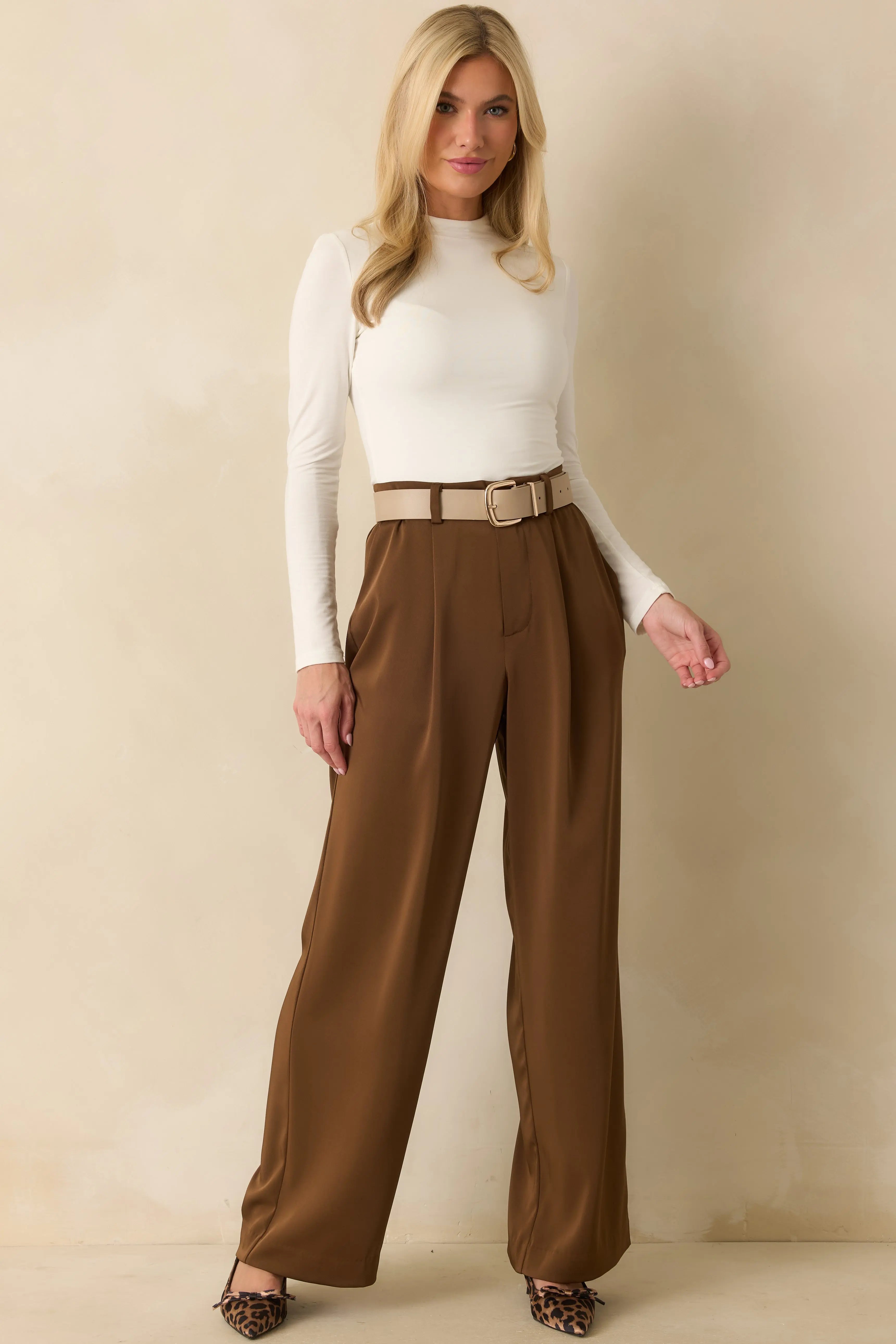 Women's Mark My Words Brown High Waisted Wide Leg Trousers | 97% Polyester & 3% Spandex 4