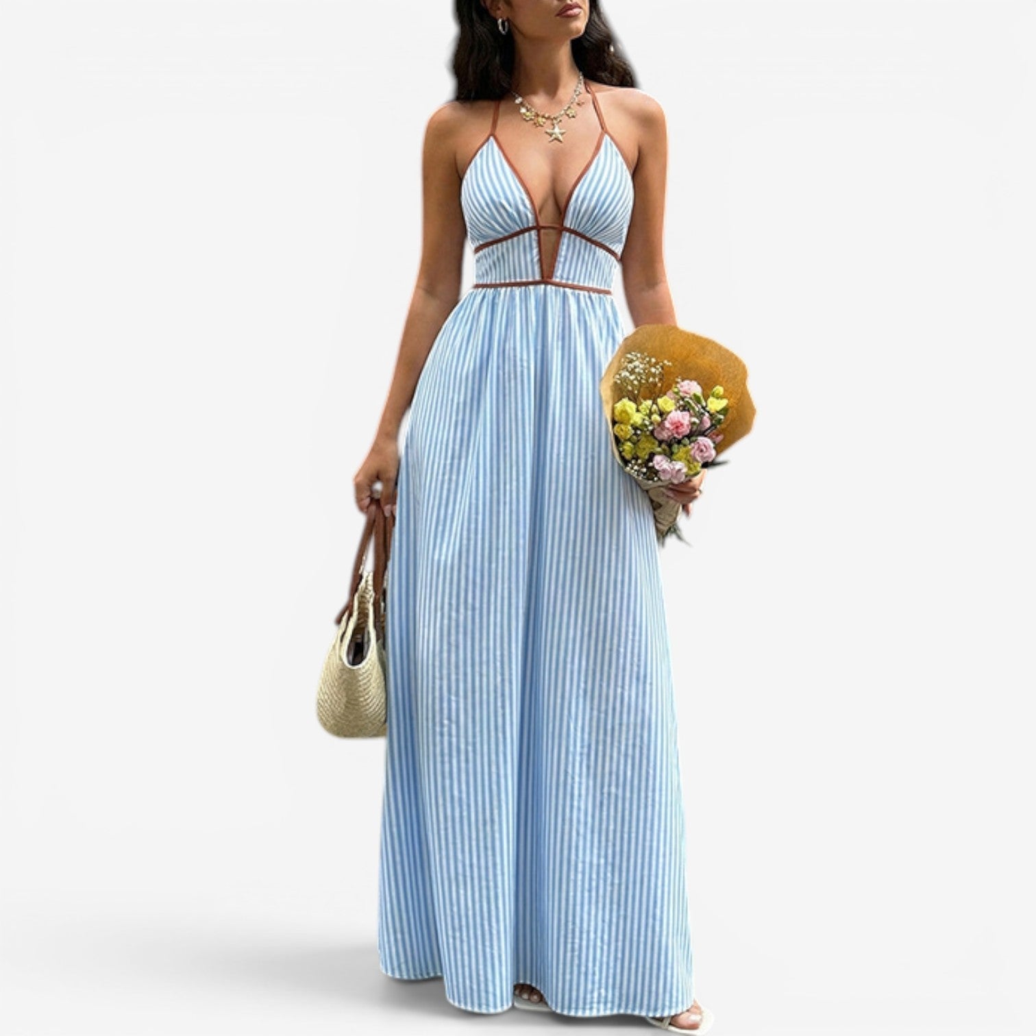 Maureen Collection | Long Striped Maxi Dress with Plunging Neckline | Elegant Summer Dress for Effortless Style