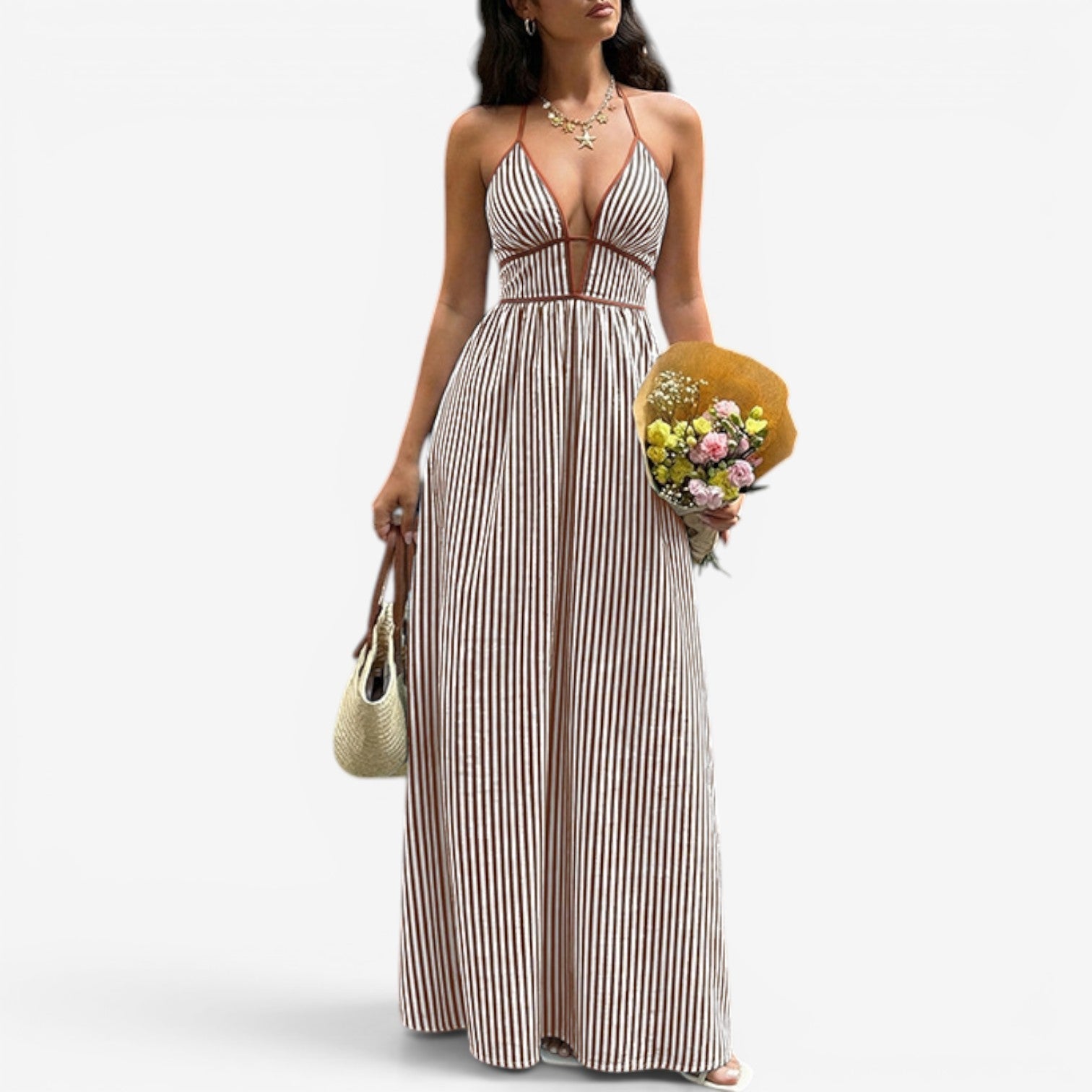 Maureen Collection | Long Striped Maxi Dress with Plunging Neckline | Elegant Summer Dress for Effortless Style