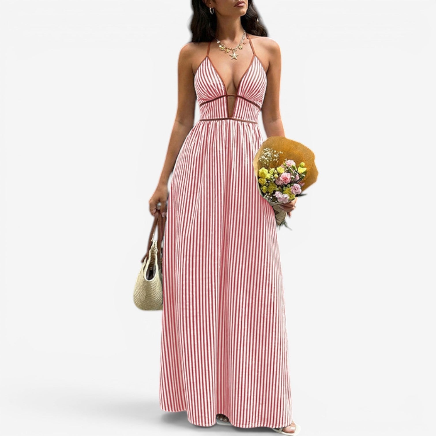 Maureen Collection | Long Striped Maxi Dress with Plunging Neckline | Elegant Summer Dress for Effortless Style