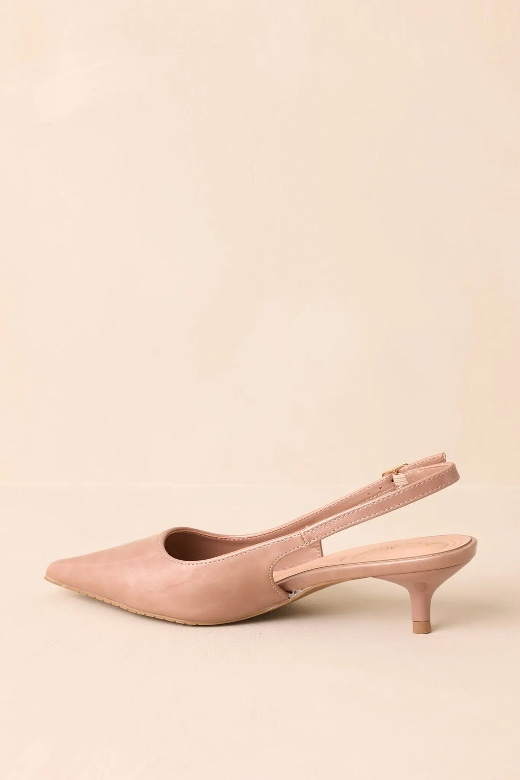 Women's Meant To Be Me Beige Patent Pointed-Toe Slingback Kitten Heels | Heel measures 1.75" 6