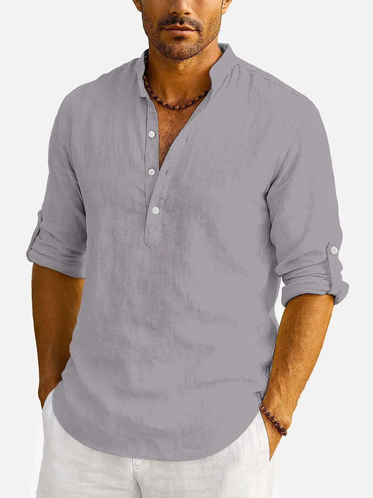 Men's Cotton Stand Collar Long Sleeve Shirt