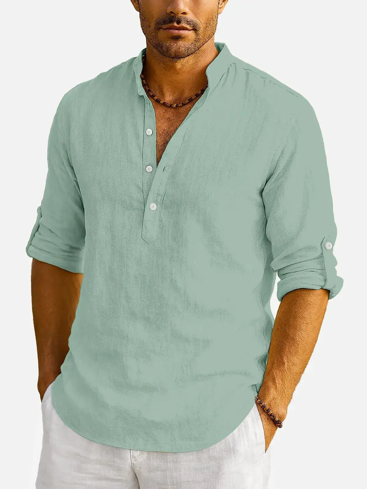 Men's Cotton Stand Collar Long Sleeve Shirt