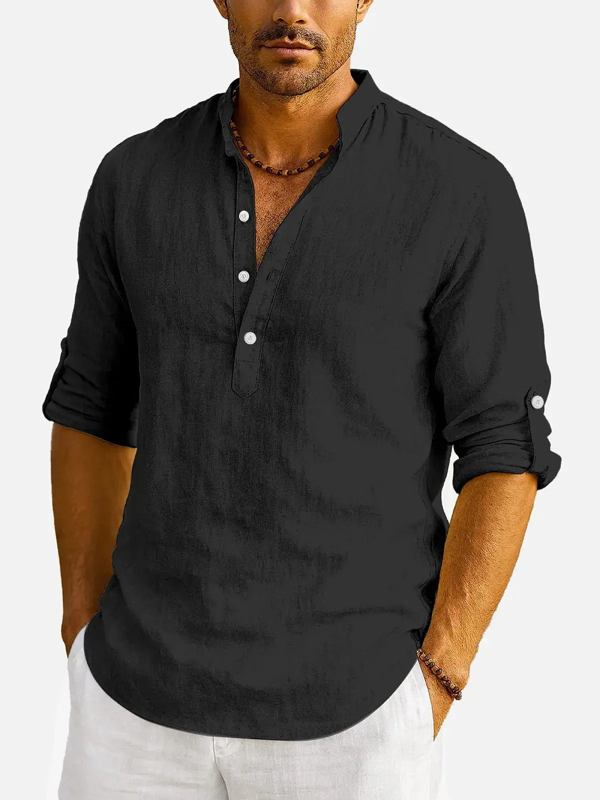 Men's Cotton Stand Collar Long Sleeve Shirt