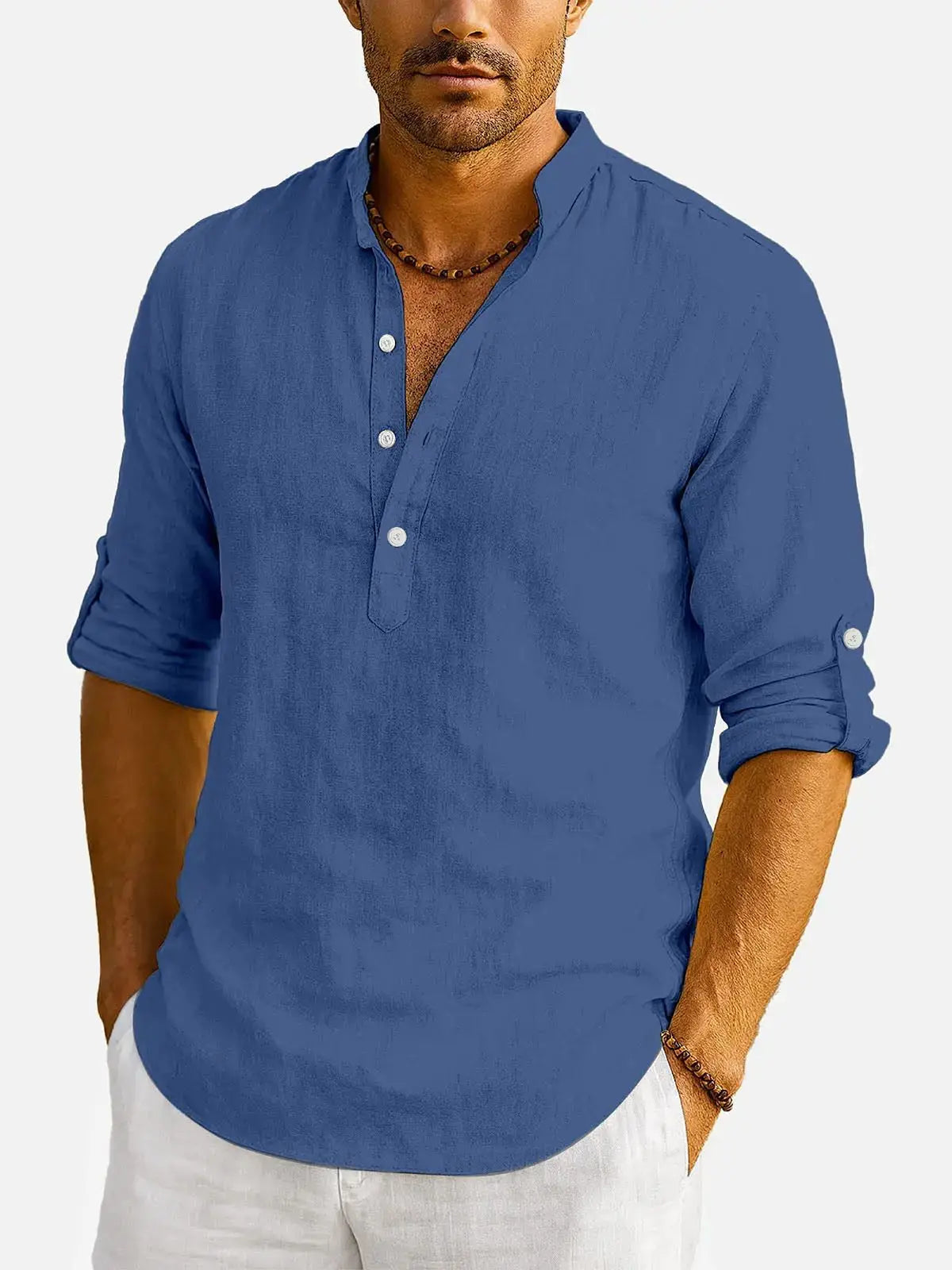 Men's Cotton Stand Collar Long Sleeve Shirt