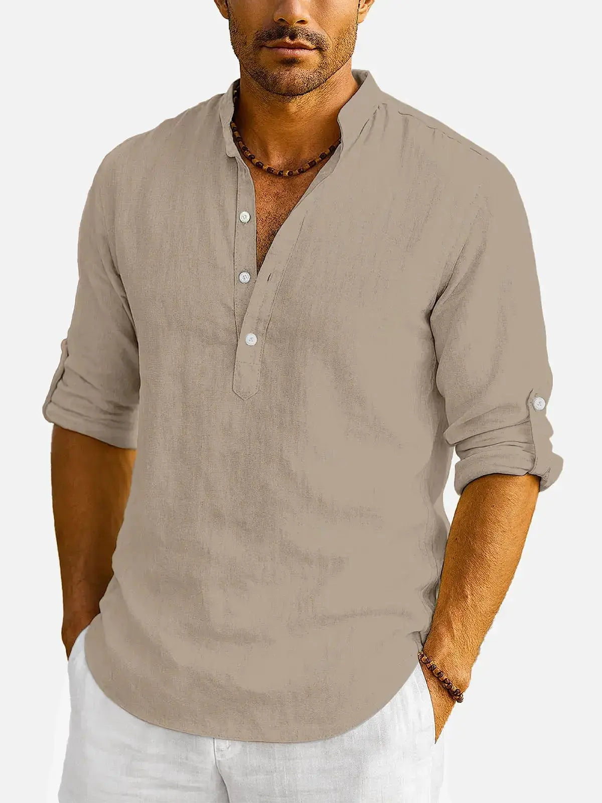 Men's Cotton Stand Collar Long Sleeve Shirt
