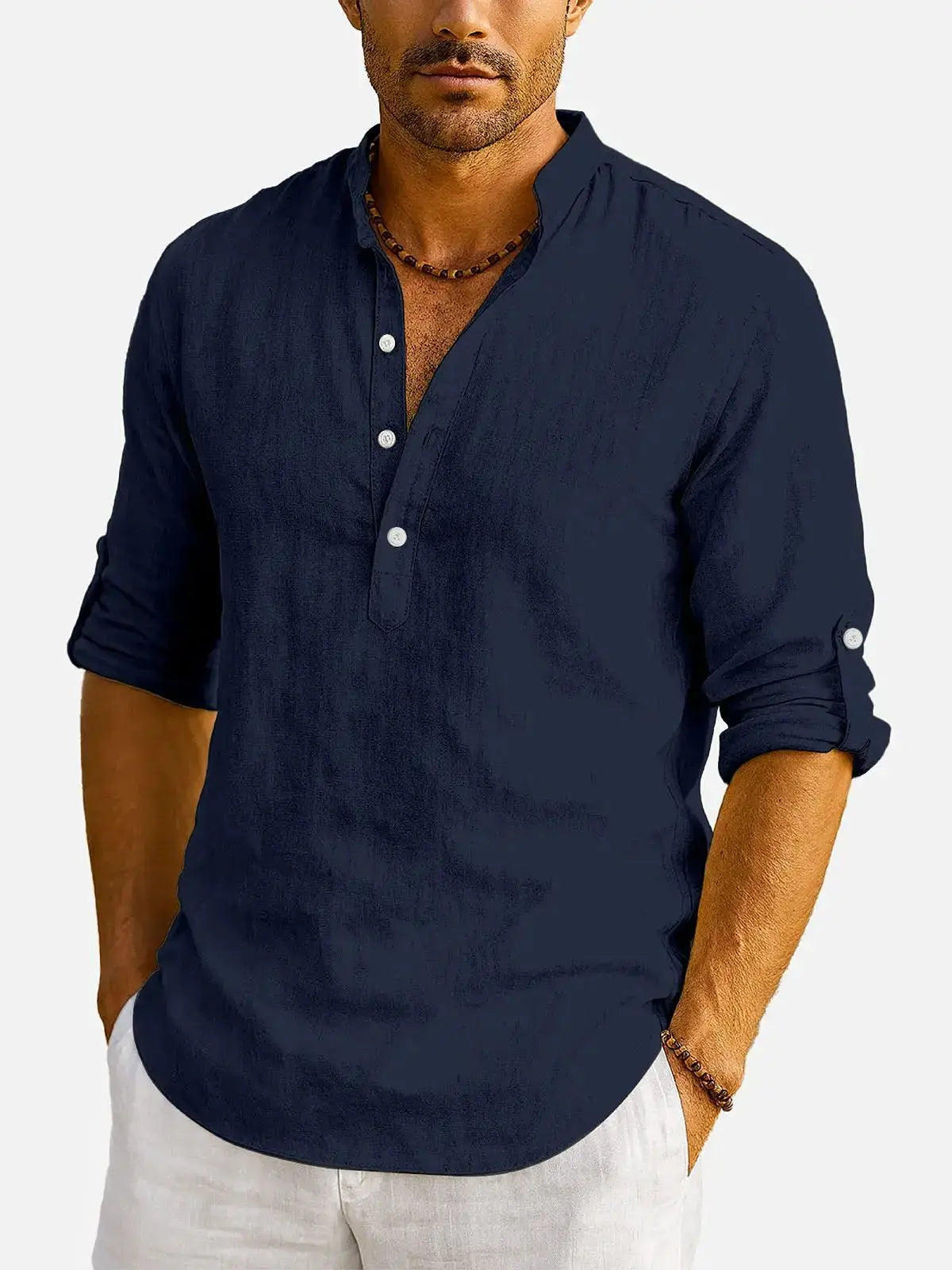 Men's Cotton Stand Collar Long Sleeve Shirt