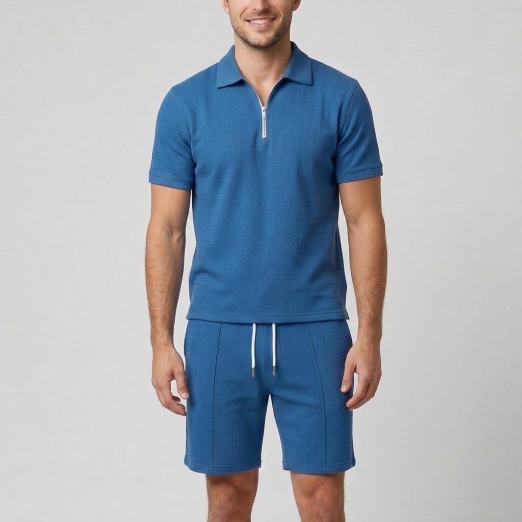Men's Polo Shirts Set with Quarter-Zip Design & Tailored Shorts | Stylish Comfort for Warm Weather