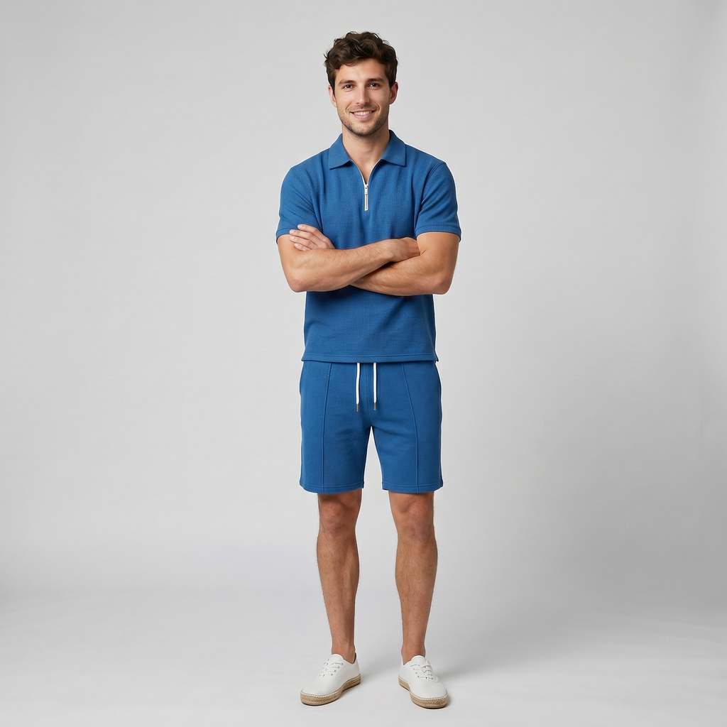 Men's Polo Shirts Set with Quarter-Zip Design & Tailored Shorts | Stylish Comfort for Warm Weather