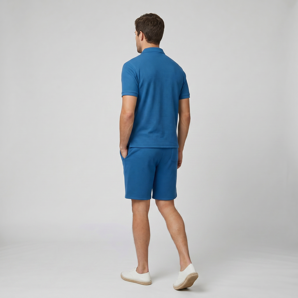 Men's Polo Shirts Set with Quarter-Zip Design & Tailored Shorts | Stylish Comfort for Warm Weather