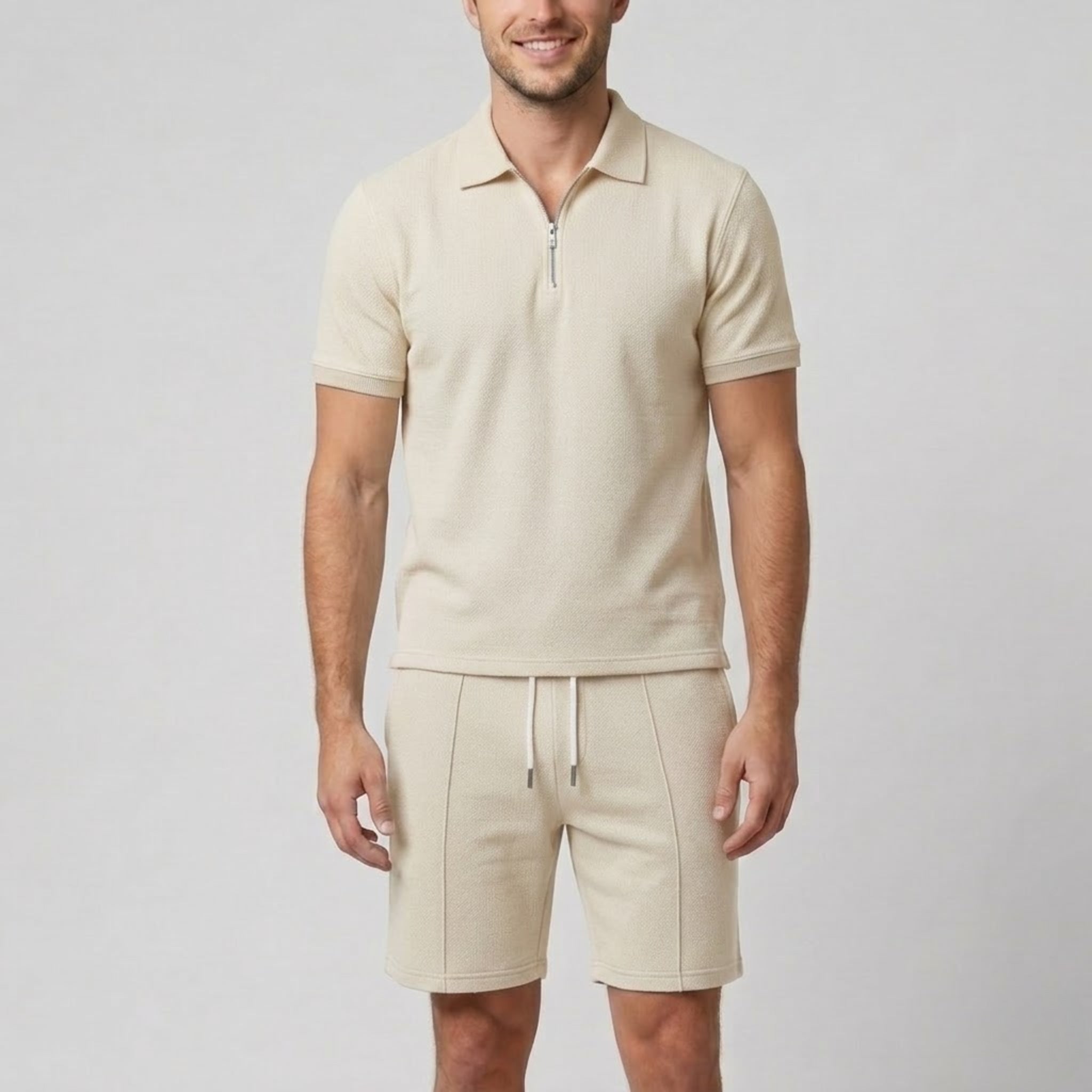 Men's Polo Shirts Set with Quarter-Zip Design & Tailored Shorts | Stylish Comfort for Warm Weather