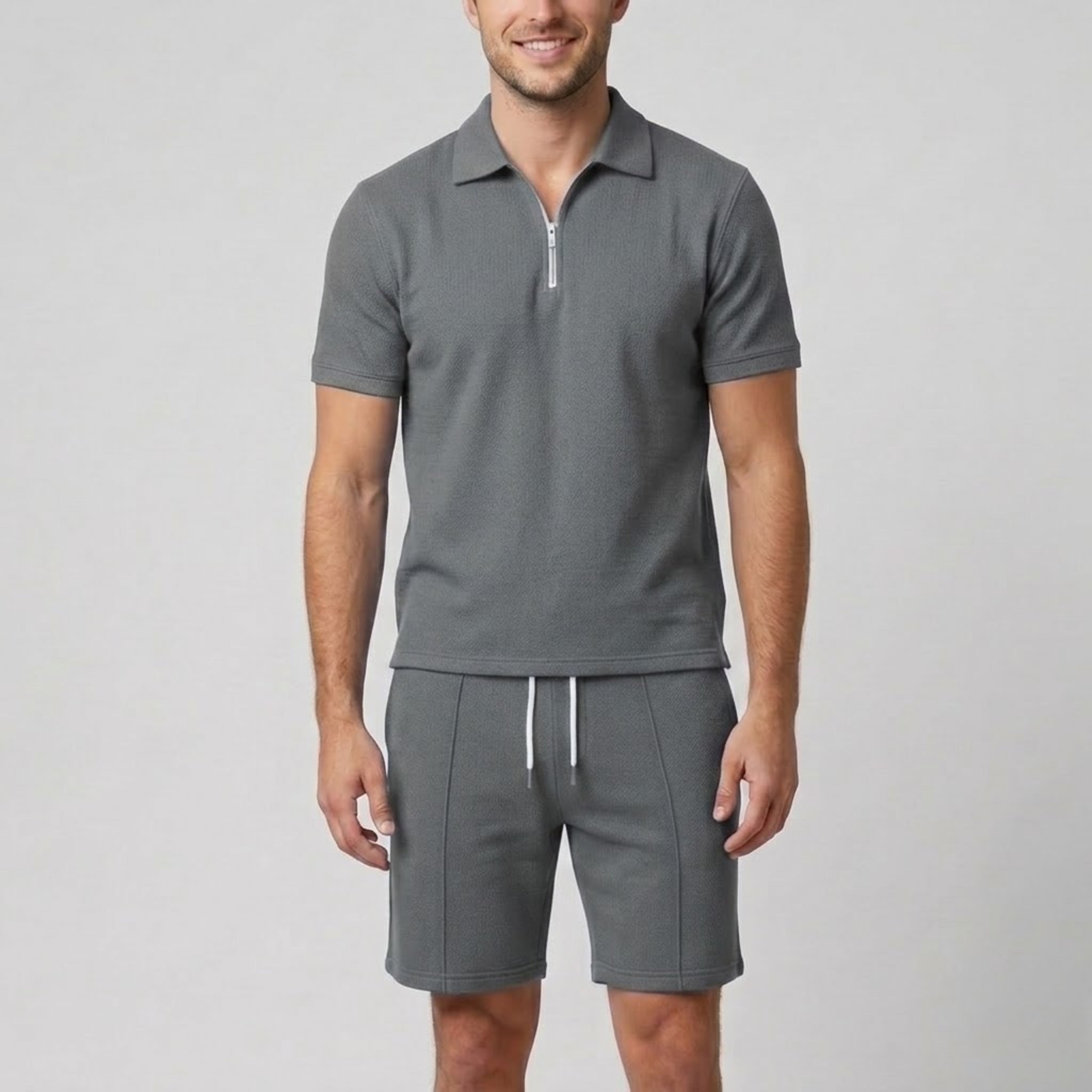Men's Polo Shirts Set with Quarter-Zip Design & Tailored Shorts | Stylish Comfort for Warm Weather