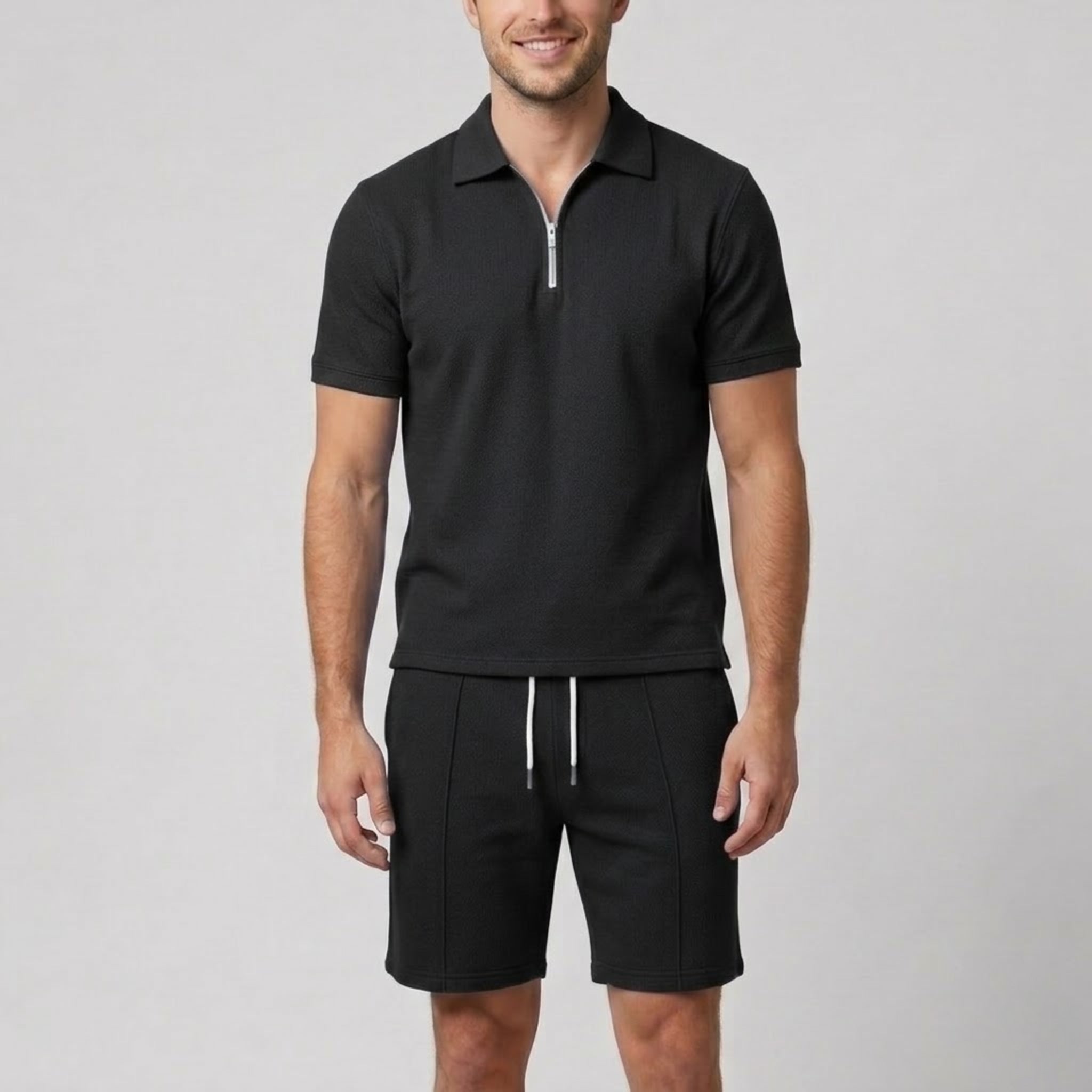 Men's Polo Shirts Set with Quarter-Zip Design & Tailored Shorts | Stylish Comfort for Warm Weather