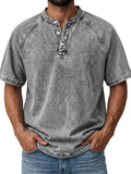 Men's Retro Henley Tee-100% Cotton, Vintage Washed Short-Sleeve