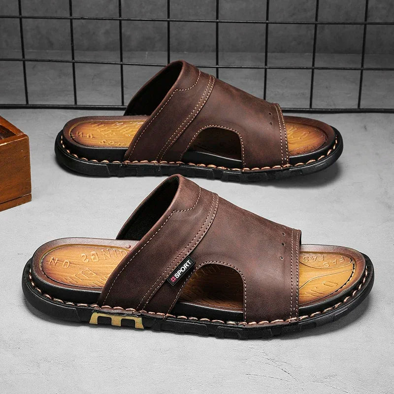 Men's Sandals | Brown Leather Slide Sandals with Cushioned Insole | Comfortable Footwear for Summer Outings