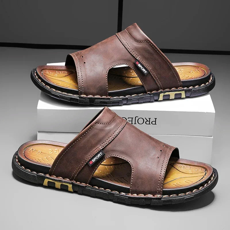 Men's Sandals | Brown Leather Slide Sandals with Cushioned Insole | Comfortable Footwear for Summer Outings