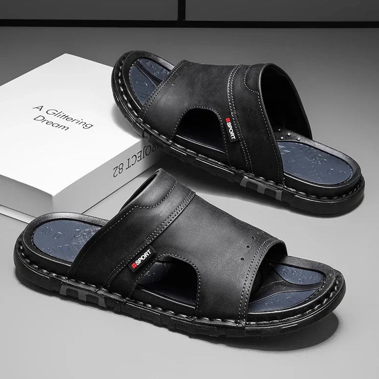 Men's Sandals | Brown Leather Slide Sandals with Cushioned Insole | Comfortable Footwear for Summer Outings