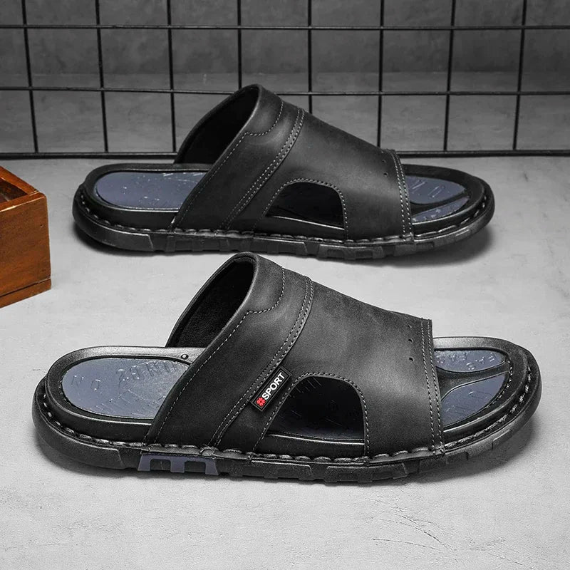 Men's Sandals | Brown Leather Slide Sandals with Cushioned Insole | Comfortable Footwear for Summer Outings