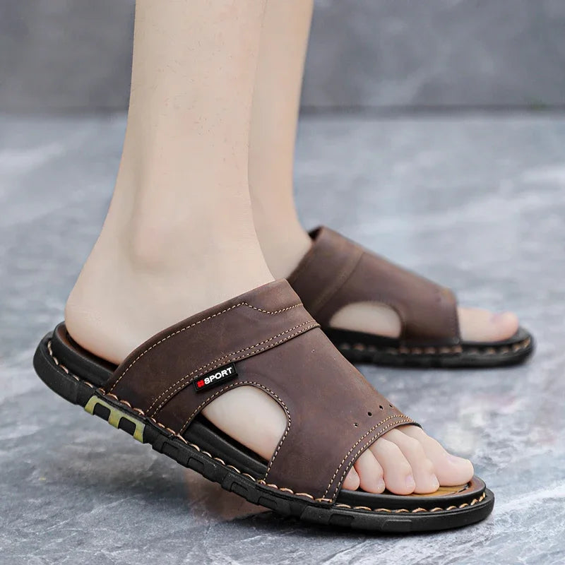 Men's Sandals | Brown Leather Slide Sandals with Cushioned Insole | Comfortable Footwear for Summer Outings