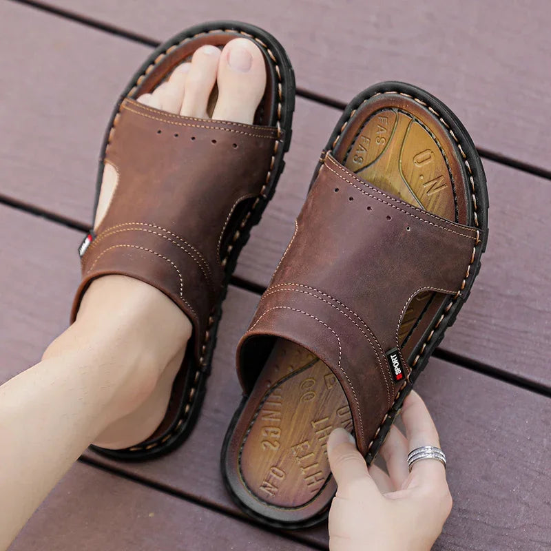 Men's Sandals | Brown Leather Slide Sandals with Cushioned Insole | Comfortable Footwear for Summer Outings