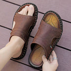 Men's Sandals | Brown Leather Slide Sandals with Cushioned Insole | Comfortable Footwear for Summer Outings
